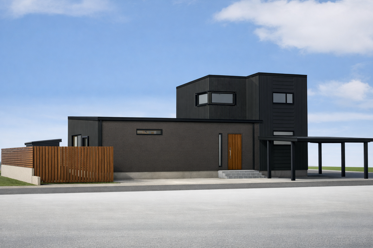 越前市常久町の完成見学会「GLOW」—水平ラインが美しい14.5mファサード。